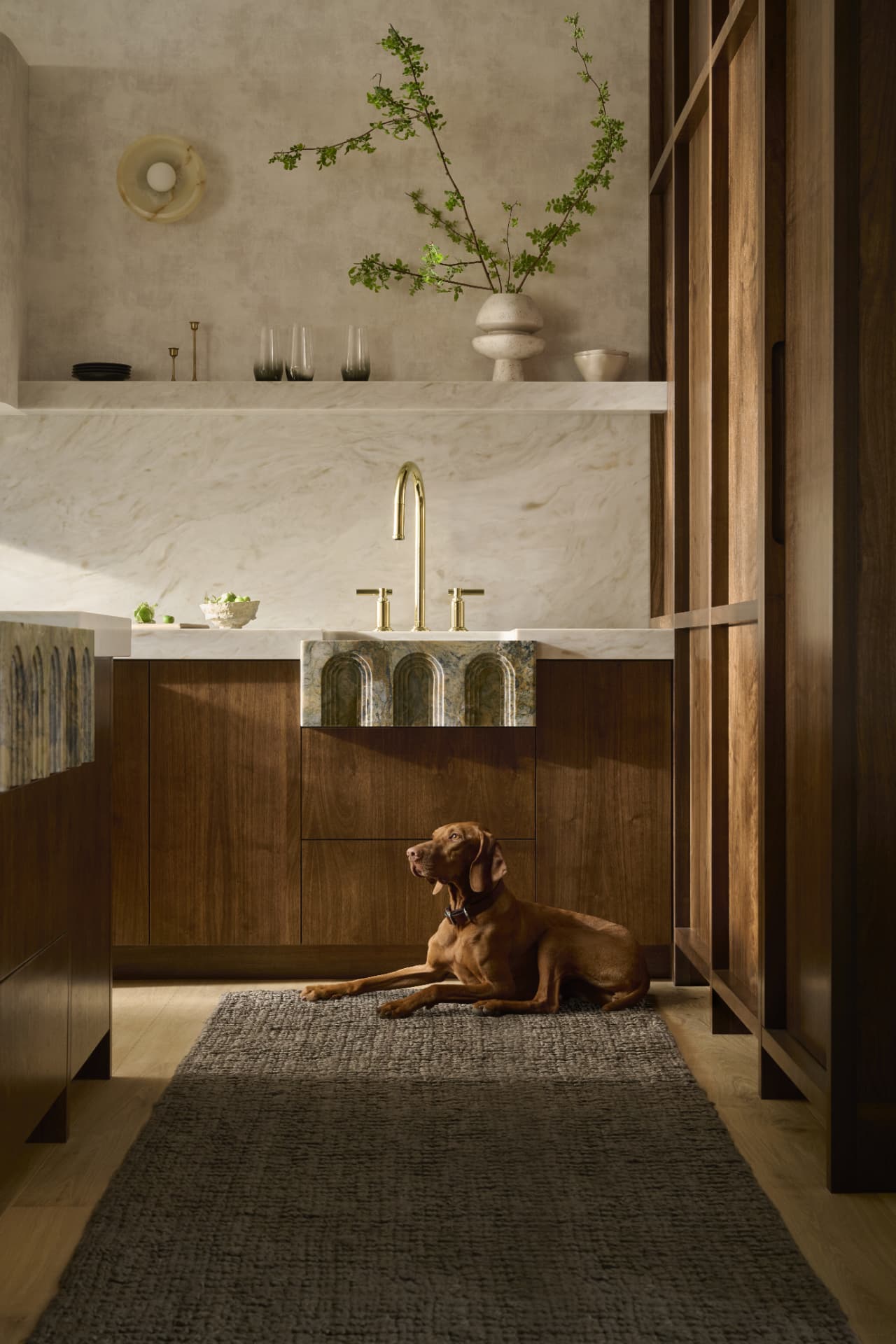 Warm walnut kitchen with marble island, brass faucet and a Vizsla resting on a woven runner