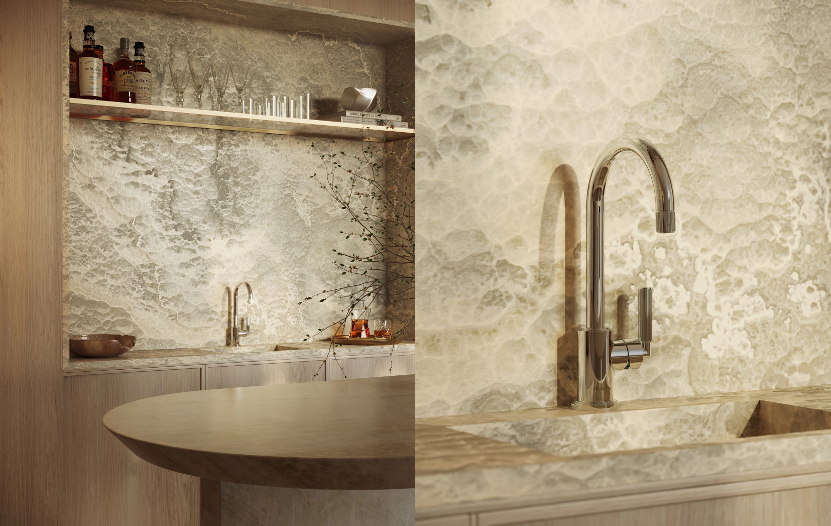 Onyx bar niche with brass shelf and polished nickel faucet beside a rounded oak counter