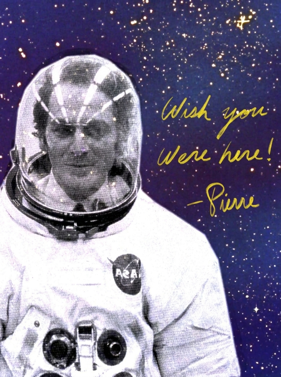 Pierre Cardin collaged as an astronaut with handwritten yellow script